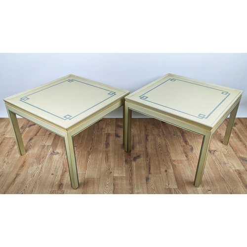 314 - SIDE TABLES, a pair, of square form, neutral painted with a blue geometric border to top, gallery ed... 