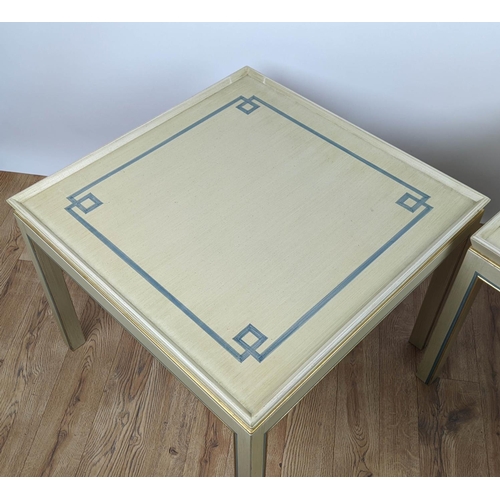 314 - SIDE TABLES, a pair, of square form, neutral painted with a blue geometric border to top, gallery ed... 