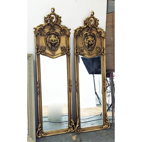 334 - PIER MIRRORS, a pair, blue epoque style, gilt frames, lion head plaque detail, 177cm x 51cm . (2)