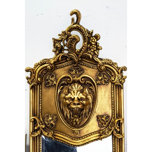 334 - PIER MIRRORS, a pair, blue epoque style, gilt frames, lion head plaque detail, 177cm x 51cm . (2)