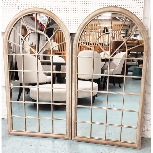 337 - ARCHITECTURAL GARDEN WALL MIRROR, a pair, 132cm x 75cm, aged painted metal frames. (2)