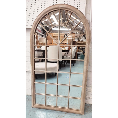 337 - ARCHITECTURAL GARDEN WALL MIRROR, a pair, 132cm x 75cm, aged painted metal frames. (2)