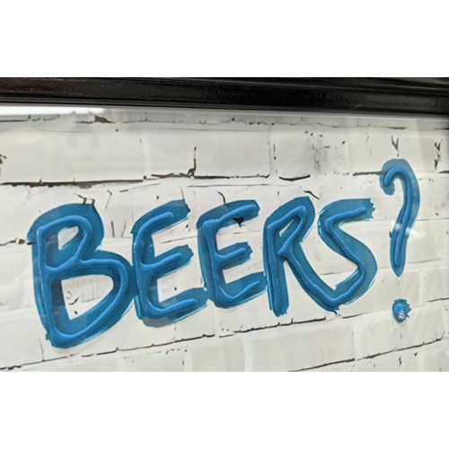 344 - CONTEMPORARY SCHOOL, 'Two Beers or not Two Beers', framed print with relief detail, 115cm x 65cm.