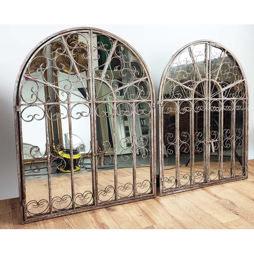 345 - ARCHITECTURAL GARDEN WALL MIRRORS, a pair, gated design, 90cm x 68cm. (2)