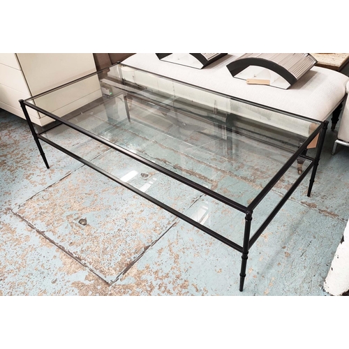 367 - NEPTUNE CONISTON TABLE, 140.5cm x 70cm x 40.5cm, black painted metal, two glass tiers.