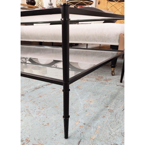 367 - NEPTUNE CONISTON TABLE, 140.5cm x 70cm x 40.5cm, black painted metal, two glass tiers.