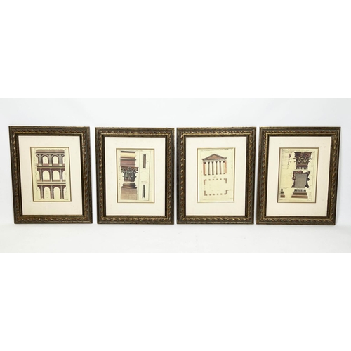 48 - ARCHITECTURAL COLOURED ENGRAVINGS OF ROME, a set of four, 63cm x 51cm, together with two French arch... 