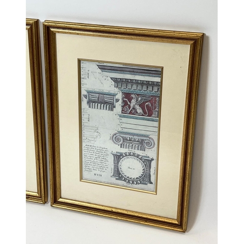 48 - ARCHITECTURAL COLOURED ENGRAVINGS OF ROME, a set of four, 63cm x 51cm, together with two French arch... 