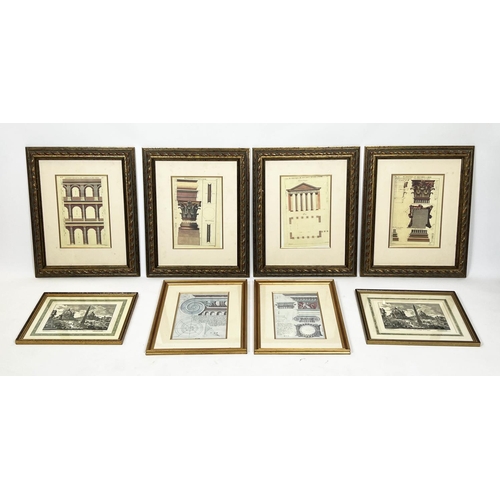 48 - ARCHITECTURAL COLOURED ENGRAVINGS OF ROME, a set of four, 63cm x 51cm, together with two French arch... 