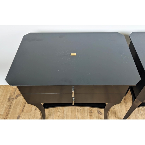 501 - KATHARINE POOLEY TWO DRAWER SIDE TABLES, a pair, each 70cm W x 45cm D x 72cm H.