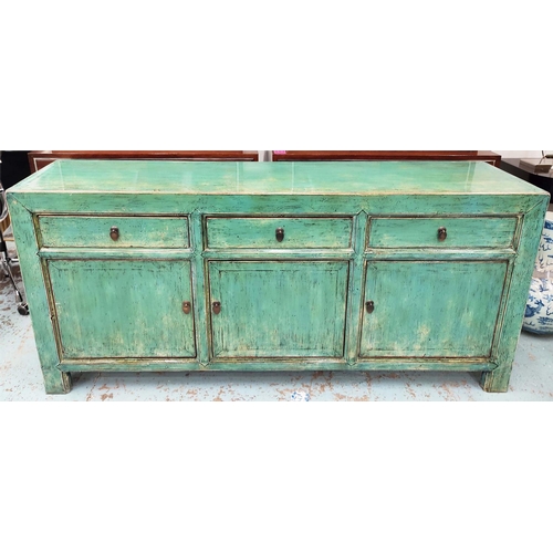 508 - SIDEBOARD, 180cm W x 41cm D x 86cm H, Chinese style in a distressed painted finish.