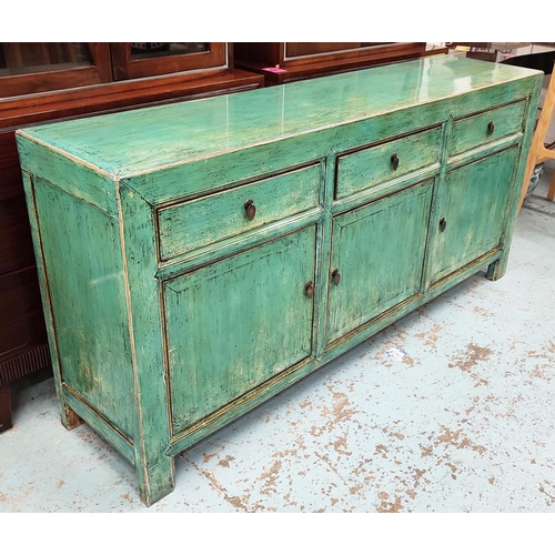 508 - SIDEBOARD, 180cm W x 41cm D x 86cm H, Chinese style in a distressed painted finish.