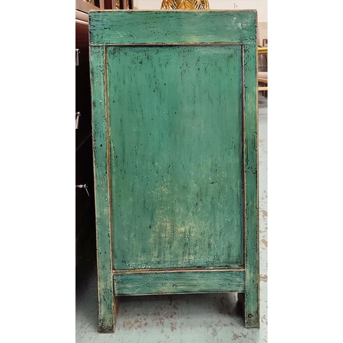 508 - SIDEBOARD, 180cm W x 41cm D x 86cm H, Chinese style in a distressed painted finish.