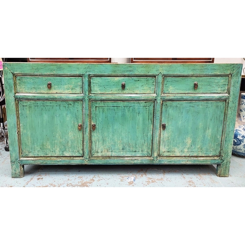 508 - SIDEBOARD, 180cm W x 41cm D x 86cm H, Chinese style in a distressed painted finish.