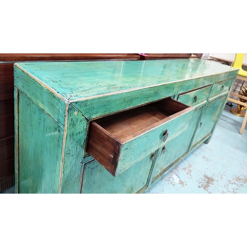 508 - SIDEBOARD, 180cm W x 41cm D x 86cm H, Chinese style in a distressed painted finish.