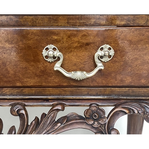 112 - COCKTAIL CABINET, Queen Anne style burr walnut and silvered metal mounted with two doors and carved ... 