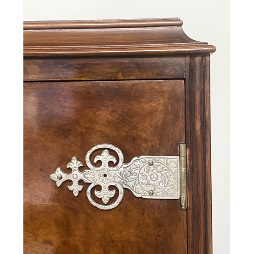 112 - COCKTAIL CABINET, Queen Anne style burr walnut and silvered metal mounted with two doors and carved ... 