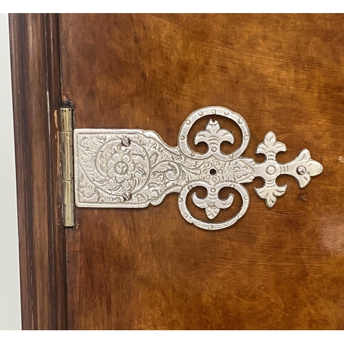 112 - COCKTAIL CABINET, Queen Anne style burr walnut and silvered metal mounted with two doors and carved ... 