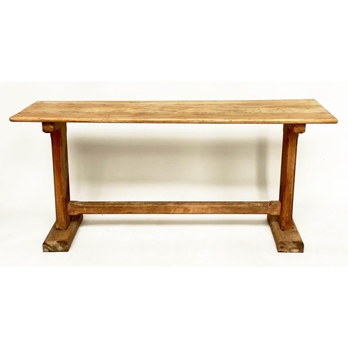 119 - DINING TABLE, early 20th century pine rectangular planked with slab trestle supports of shallow prop... 