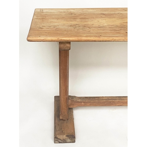 119 - DINING TABLE, early 20th century pine rectangular planked with slab trestle supports of shallow prop... 