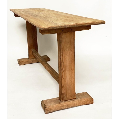 119 - DINING TABLE, early 20th century pine rectangular planked with slab trestle supports of shallow prop... 