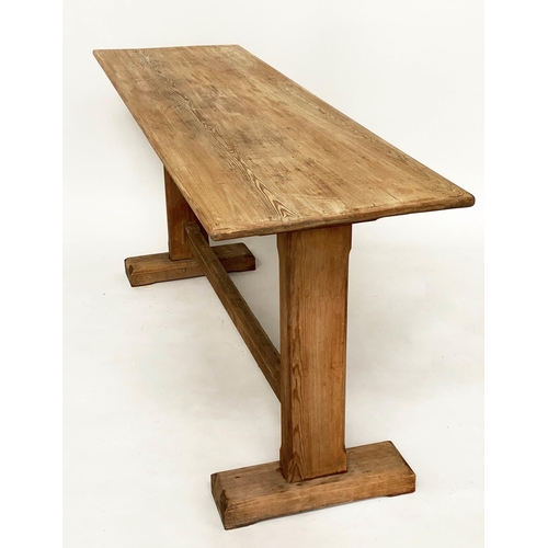 119 - DINING TABLE, early 20th century pine rectangular planked with slab trestle supports of shallow prop... 