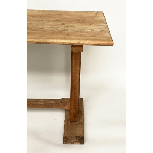 119 - DINING TABLE, early 20th century pine rectangular planked with slab trestle supports of shallow prop... 