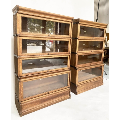 122 - GLOBE WERNICKE BOOKCASES, a pair, early 20th century oak each with four stacking glazed sections, wi... 