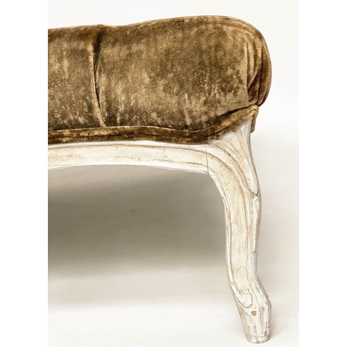 128 - CENTRE STOOL, French Louis XV style, grey painted, square buttoned velvet raised upon shaped support... 