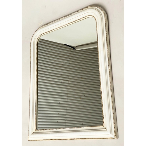 137 - WALL MIRROR, French style arched grey painted with beaded frame, 100cm H x 79cm W.