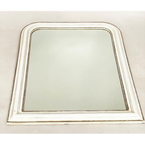 137 - WALL MIRROR, French style arched grey painted with beaded frame, 100cm H x 79cm W.