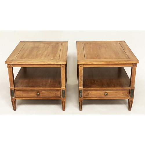 139 - LAMP TABLES, an American pair, Directoire style walnut and silvered metal mounted each with two tier... 