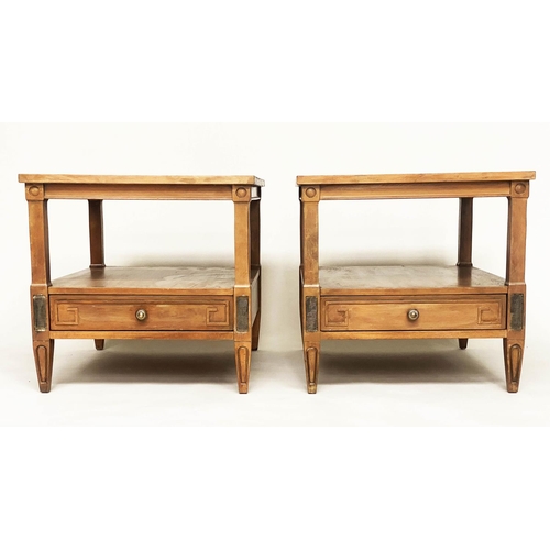 139 - LAMP TABLES, an American pair, Directoire style walnut and silvered metal mounted each with two tier... 