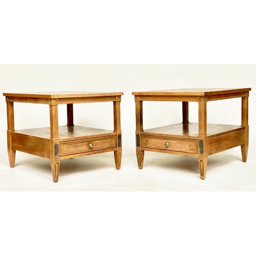 139 - LAMP TABLES, an American pair, Directoire style walnut and silvered metal mounted each with two tier... 