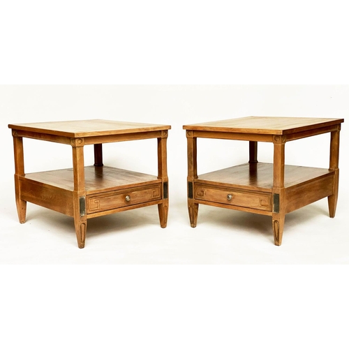 139 - LAMP TABLES, an American pair, Directoire style walnut and silvered metal mounted each with two tier... 