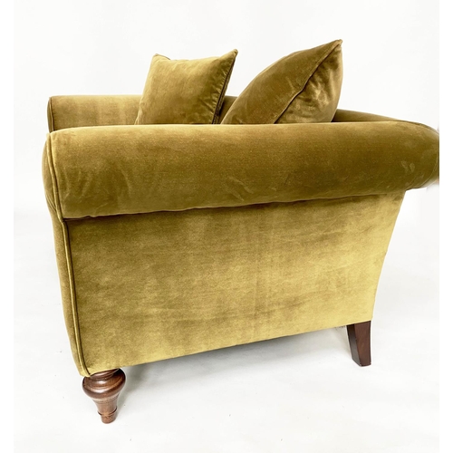 140 - SOFA BY 'SOFAS AND STUFF', the 'Clavering' two seat upholstered in olive green velvet with scrolled ... 