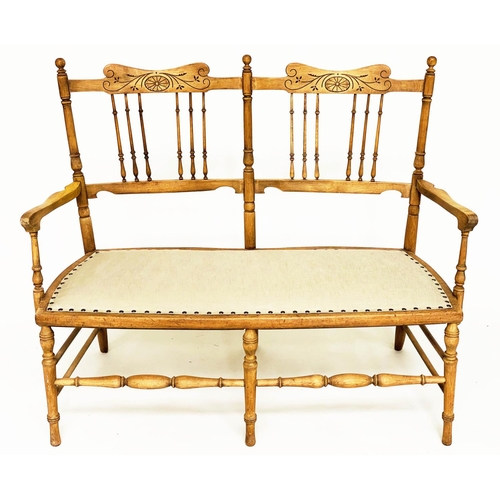 142 - HALL BENCH, Edwardian fruitwood with incised and spindle back and studded linen upholstered seat, 10... 