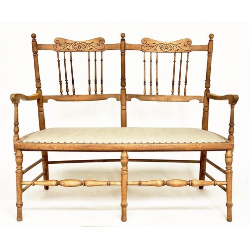 142 - HALL BENCH, Edwardian fruitwood with incised and spindle back and studded linen upholstered seat, 10... 