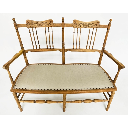 142 - HALL BENCH, Edwardian fruitwood with incised and spindle back and studded linen upholstered seat, 10... 