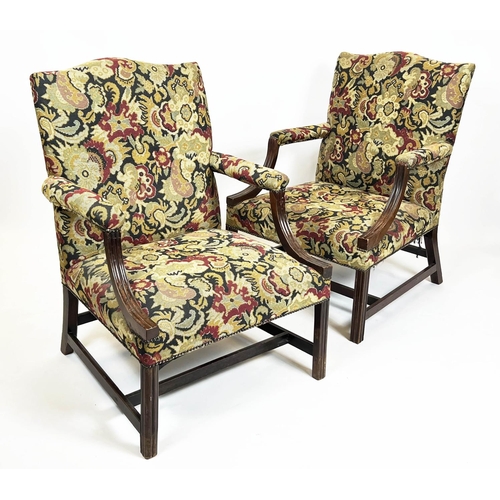 177 - GAINSBOROUGH ARMCHAIRS, 100cm H x 72cm W, a pair, George III manner mahogany in tapestry style uphol... 