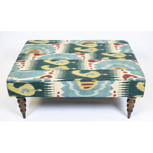 180 - HEARTH STOOL, 42cm H x 102cm W x 81cm D, beechwood in Lewis and Wood printed ikat upholstery.