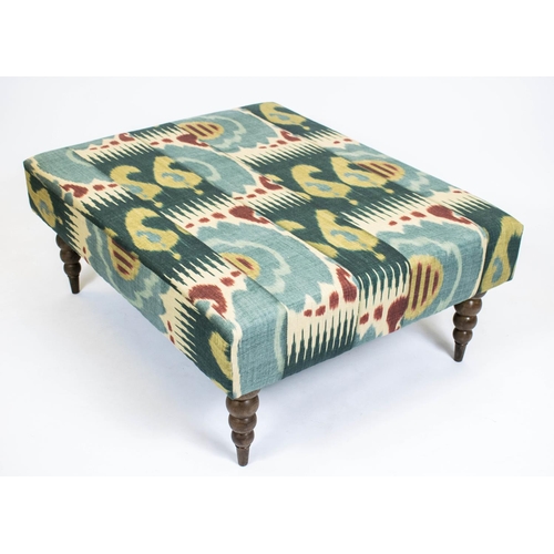 180 - HEARTH STOOL, 42cm H x 102cm W x 81cm D, beechwood in Lewis and Wood printed ikat upholstery.