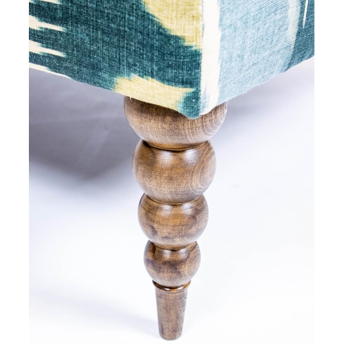 180 - HEARTH STOOL, 42cm H x 102cm W x 81cm D, beechwood in Lewis and Wood printed ikat upholstery.