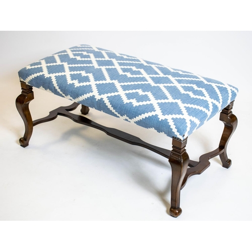 183 - STOOL, 43cm H x 94 W x 49cm D, walnut with blue geometric patterned upholstery.