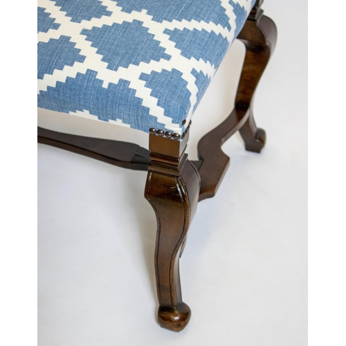 183 - STOOL, 43cm H x 94 W x 49cm D, walnut with blue geometric patterned upholstery.