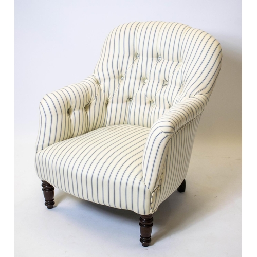 185 - ARMCHAIR, 82cm H x 86cm W, 19th century mahogany in ticking upholstery.