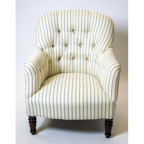 185 - ARMCHAIR, 82cm H x 86cm W, 19th century mahogany in ticking upholstery.