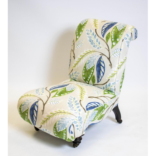 186 - SLIPPER CHAIR, 76cm H x 55cm W, Victorian in leaf patterned material on castors.