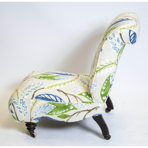 186 - SLIPPER CHAIR, 76cm H x 55cm W, Victorian in leaf patterned material on castors.