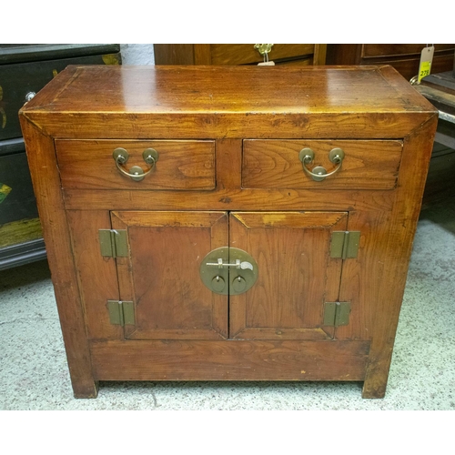 195 - CHINESE CABINET, 92cm H x 96cm W x 45cm D, elm and lacquered, of two doors below two drawers.